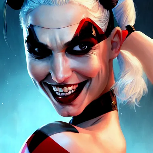 Prompt: a close up face of gal gadot as Harley Quinn, by Stanley Artgerm Lau, WLOP, Rossdraws, James Jean, Andrei Riabovitchev, Marc Simonetti, Yoshitaka Amano, ArtStation, CGSociety, Full body shot