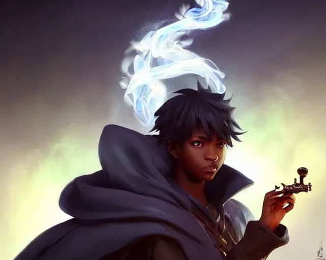 Prompt: cute young black mage ( final fantasy series ) male, smoking a pipe, shrouded face, deep focus, d & d, fantasy, intricate, elegant, highly detailed, digital painting, artstation, concept art, matte, sharp focus, illustration, hearthstone, art by artgerm and greg rutkowski and alphonse mucha