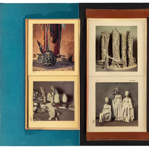 Image similar to A three color offset photography of objects on display, anthropology of wonder, exotic artifacts, colonial expedition, catalog exhibition, 60s style
