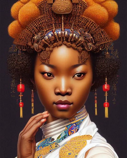 Image similar to portrait of a afro goddess, machine face, upper body, decorated with chinese opera motifs, asian, traditional chinese art, intricate, elegant, highly detailed, digital painting, artstation, concept art, smooth, sharp focus, illustration, art by artgerm and greg rutkowski and alphonse mucha, 8 k