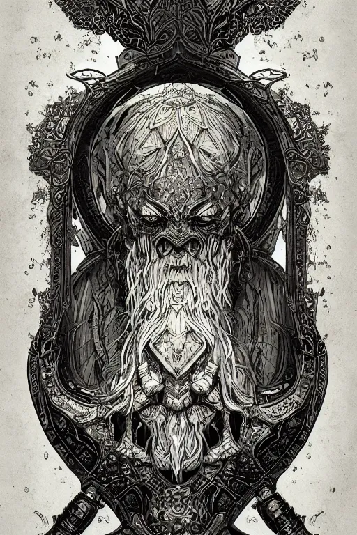 Prompt: a study of cell shaded illustration of a ornate a wizard, golden ratio, post grunge screen print poster, blank ink, character concept art by Miles Tsang, highly detailed, sharp focus, Artstation, deviantart, artgem