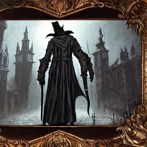 Prompt: Plague doctor, Bloodborne boss, matte painting, detailed, Bloodborne, oil on canvas