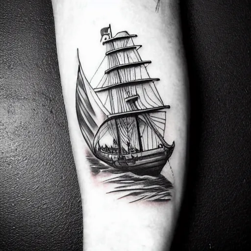 Prompt: a pirate ship sailing in the sea, realism tattoo design, amazing shades, clean white paper background, by Matteo Pasqualin tattoo artist