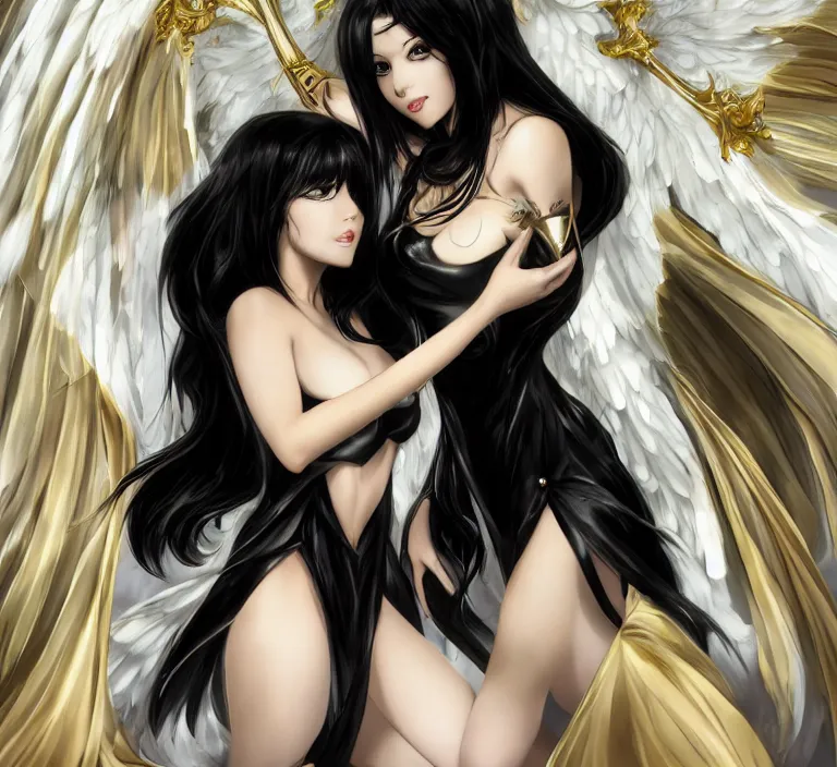 Prompt: An impeccable beauty, Albedo is a woman with lustrous jet-black hair and the face of a goddess. She has golden irises and vertically split pupils; on her left and right temples are two thick horns protruding crookedly, and on her waist are a pair of black angel wings. Albedo wears a pure white dress with silky gloves covering her slender hands and a golden spiderweb necklace that covers her shoulders and chest. In combat, she wears an impressive black full plate armor with a unique helmet and carries a battle-axe with her. Octane Render, Photorealistic Render, Hyper realistic, Noir