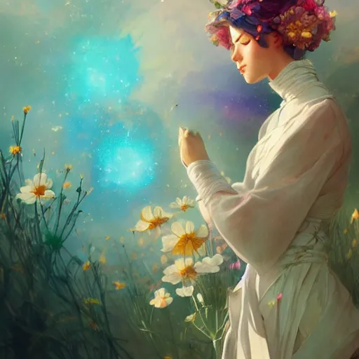 Image similar to Flower in the cosmos, highly detailed, digital painting, artstation, concept art, smooth, sharp focus, illustration, Unreal Engine 5, 8K, art by artgerm and greg rutkowski and alphonse mucha