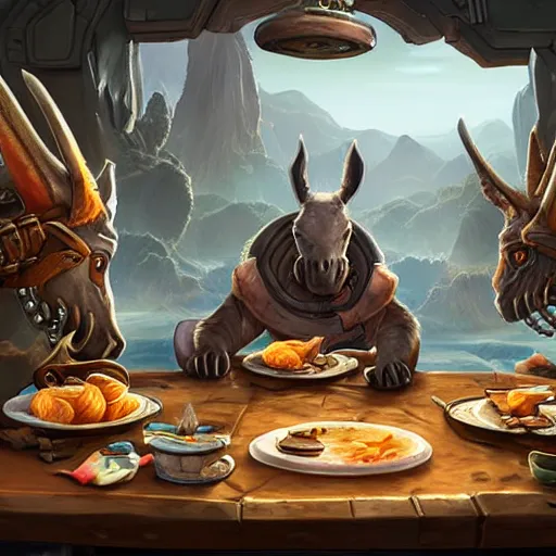 Image similar to zoom out, ultrarealistic, ultradetailed, war donkey eating breakfast, sitting on a futuristic table with aliens, at the end of the universe, very very very ultradetailed, epic fantasy style art, fantasy epic digital art, epic fantasy art, hearthstone style art