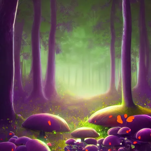 Image similar to Calm magical forest, glowing mushrooms, digital art, trending on Artstation