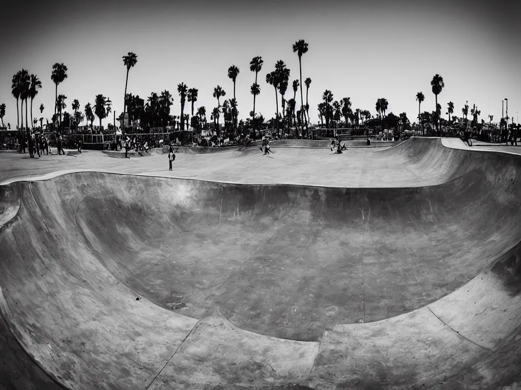 Image similar to “A black and white fisheye photo of Venice beach skate park”