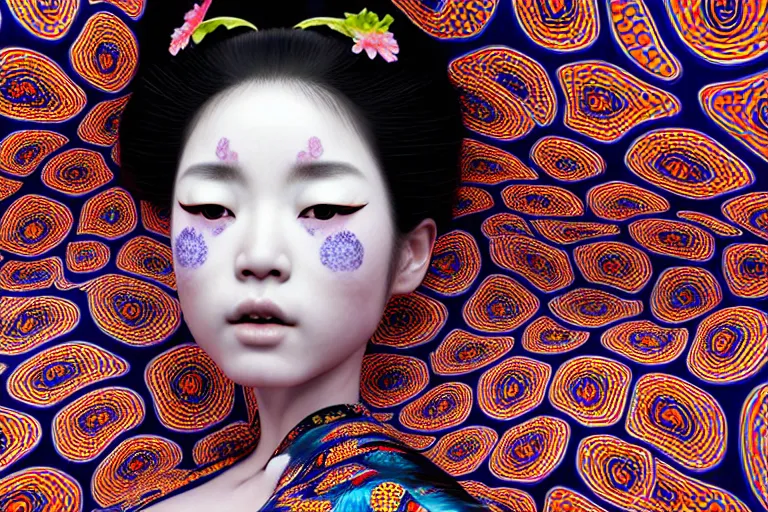 Image similar to hyperrealistic detailed image of a geisha laying in a art installation, high definition pattern design by yayoi kusama, part by kei mieno, part by alex gray, part by ross tran, part by james jean, ultra realistic, highly detailed, life like face, detailed body, 8 k, unreal engine 5, very cohesive