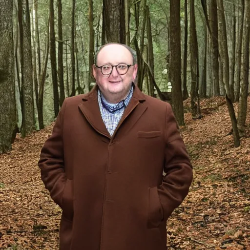 Prompt: Alex Norton wearing a brown overcoat and brown suit standing in a forest.