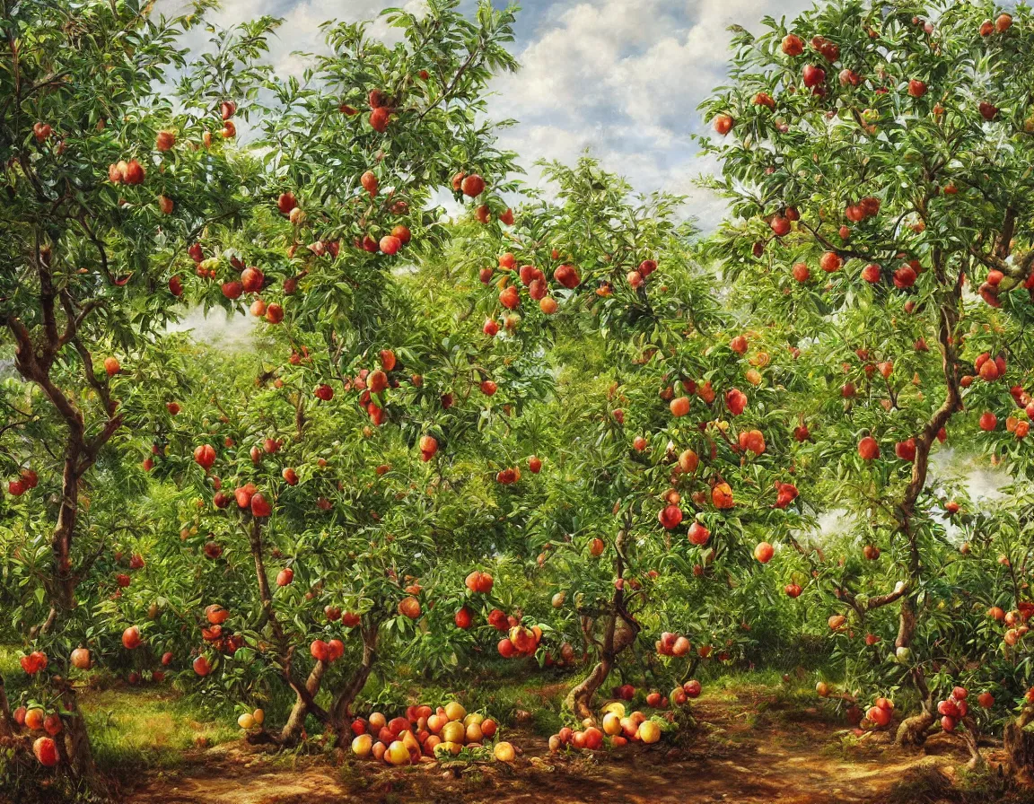 Prompt: hyper realistic oil painting of fruit orchard in garden of eden, hd, hdr, by stanisław wyspianski, ultra detailed, high resolution