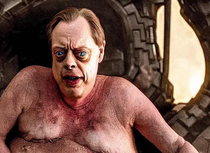 Image similar to steve buscemi as baron harkonnen in a black oil bath in a still from the film Dune (2021)