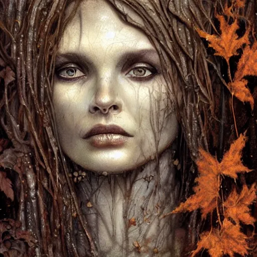 Image similar to portrait of a dryad inspired by hr giger, in a forest of fey autumn maples, her skin glistens with rainwater by greg rutkowski and brian froud dark mysterious, filtered evening light