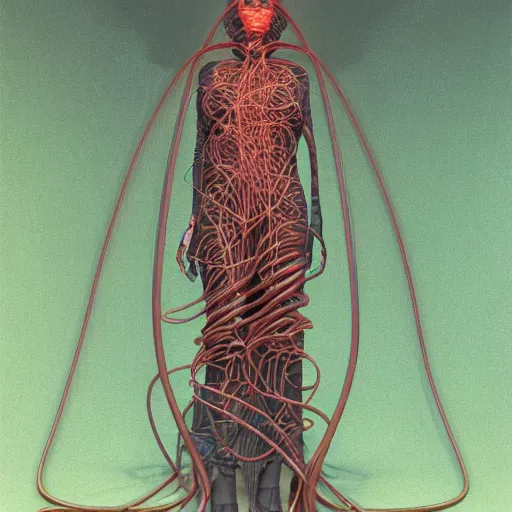 Image similar to photo of a woman wrapped around by tubes and cables, glowing red, by Edgar Maxence and Ross Tran, Zdzisław Beksiński, and Michael Whelan, distant, gustav dore, H.R. Giger, 8k, octane render