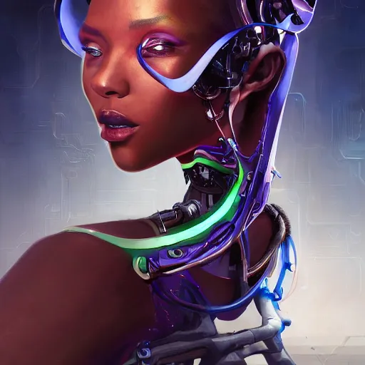 Image similar to a portrait of Adhel Bol as a beautiful cybernetic techno queen, black woman, cyberpunk concept art by pete mohrbacher and wlop and artgerm josan gonzalez and syd mead, digital art, highly detailed, intricate, sci-fi, sharp focus, Trending on Artstation HQ, deviantart, unreal engine 5, 4K UHD image