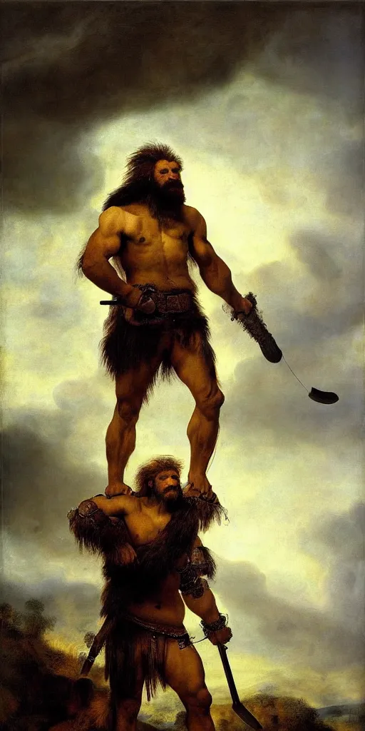 Prompt: muscular oversized proud lion animal as barbarian hunter wearing black vest armor and automatic rifle weapon and anthropomorphic human oversized mutant proportions and very hairy body , depressed pose , backlight body , extreme very textured detailed panoramic portrait oil painting by rembrandt, sunset, dramatic clouds and cyan atmosphere