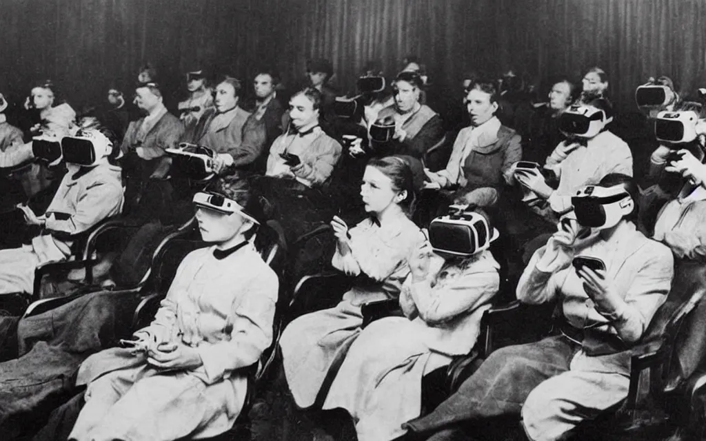 Image similar to 1 9 0 0 s photo of people using iphones ipods virtual reality headsets vr watching hd tv in a movie theater