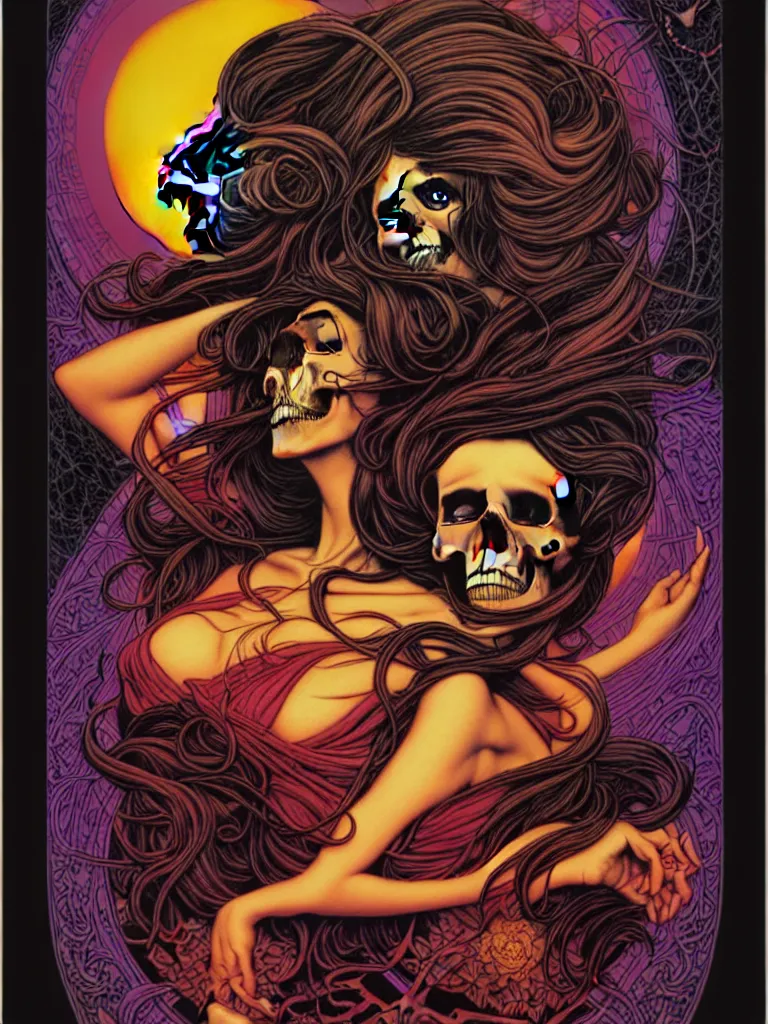 Prompt: Death's dreamscape by Dan Mumford and Alberto Vargas and Josan Gonzalez and Gil Elvgren, black border, vibrant, death, skull, sunset, art nouveau