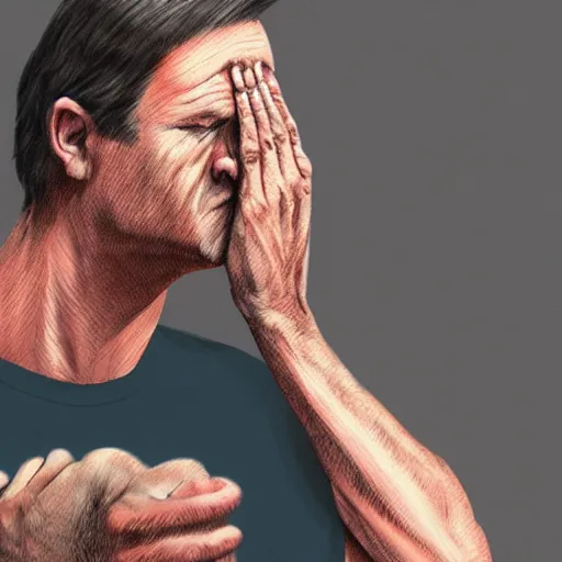 Prompt: hands on face, scratching head, disappointed, realistic, cartoon, airbrush, digital illustration