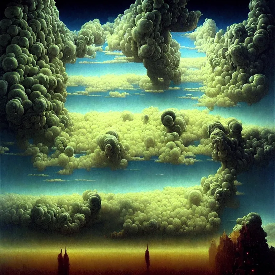 Prompt: a hyperrealistic painting of a piece of art. highly detailed, vivid color cinematic sci fi clouds and stars. smoke. futurism. fantasy. by beksinski carl spitzweg. baroque elements. baroque element. intricate artwork by caravaggio. oil painting. oil on canvas. award winning. dramatic. trending on artstation. 8 k by chris cunningham and richard corben