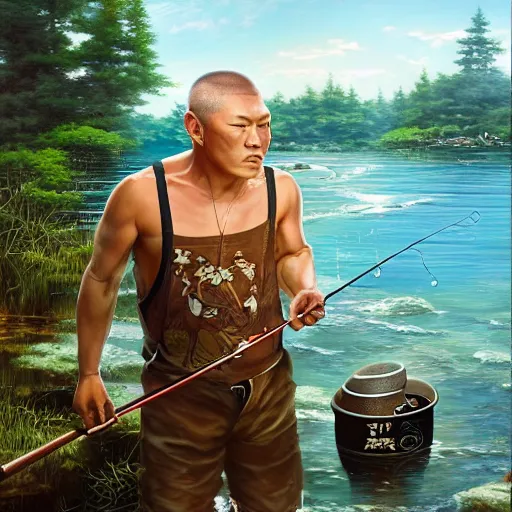 Prompt: portrait of minoru suzuki fishing, an oil painting by ross tran and thomas kincade