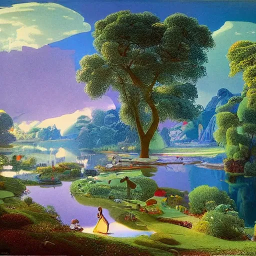 Prompt: A beautiful installation art of of a landscape. It is a stylized and colorful view of an idyllic, dreamlike world with rolling hills, peaceful looking animals, and a flowing river. The scene looks like it could be from another planet, or perhaps a fairy tale. solarised by Eugene von Guerard, by Mœbius brash