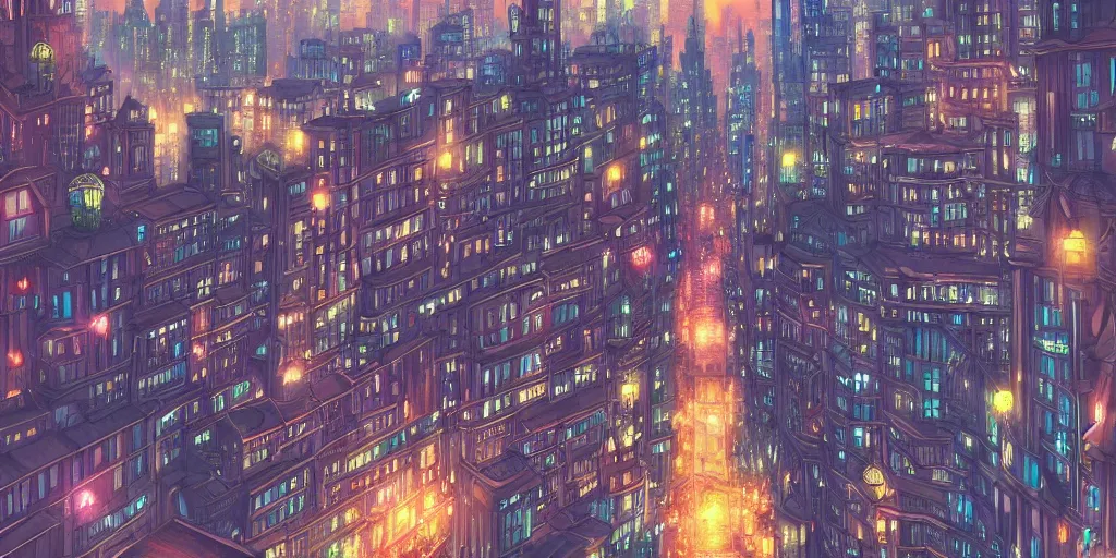 Image similar to the city that never sleeps, lights, mythology, fairy tale, urban landscape, evening, highly detailed, low angle view, studio ghibli, artstation, in the style of aetherpunk