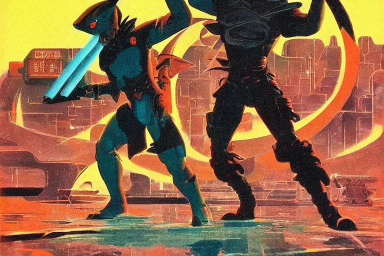 Prompt: 1979 OMNI Magazine Cover of a dragonborn in neo-tokyo style by Vincent Di Fate. DND character art