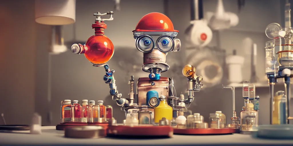 Prompt: closeup portrait of tin toy retro chemist robot mixing chemicals and cooking pastry cake in a kitchen, depth of field, zeiss lens, detailed, centered, fashion photoshoot, by nicoletta ceccoli, mark ryden, lostfish, breathtaking, 8 k resolution, extremely detailed, beautiful, establishing shot, artistic, hyperrealistic, octane render