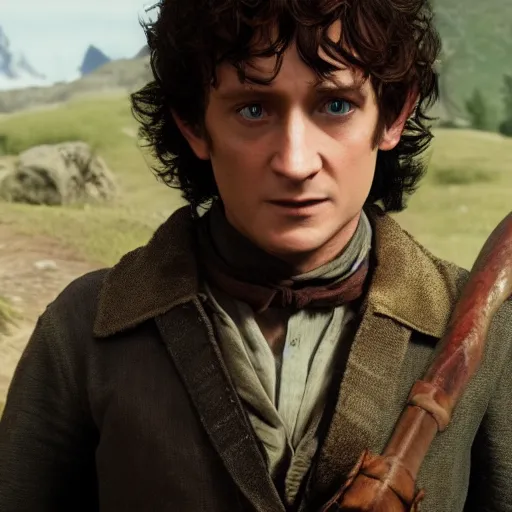 Prompt: Film still of Frodo Baggins, from Red Dead Redemption 2 (2018 video game)