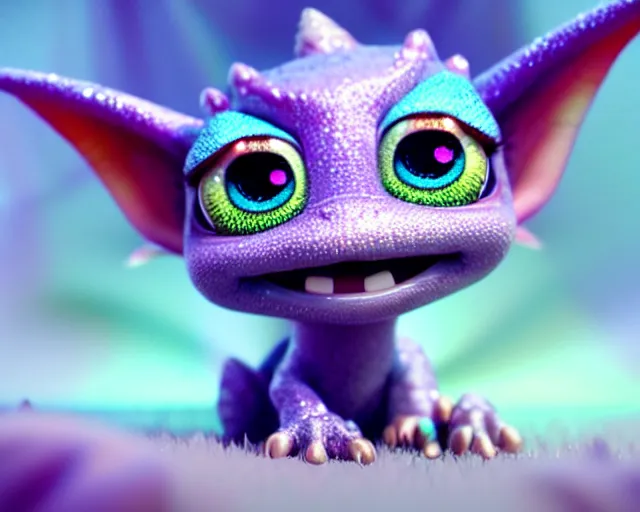 Prompt: character design of a cute baby dragon, big eyes, soft scale texture, pastel colours, colorful, shiny glitter crystals, cute, adorable, pixar animation style, detailed, soft light, octane render, cute, 4 k,