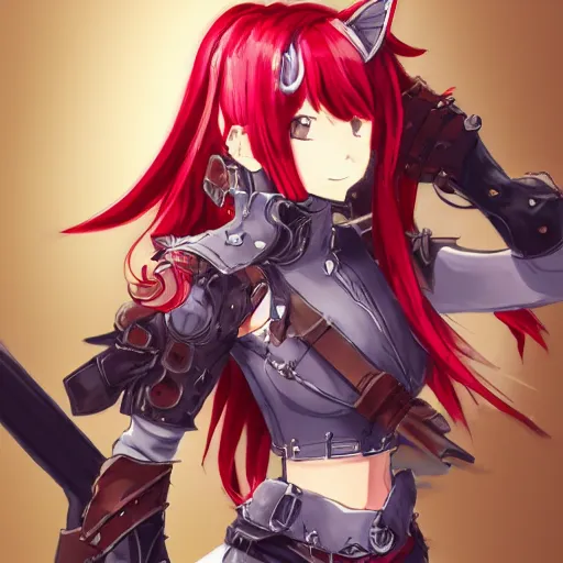 Prompt: An anime female with crimson hair, cat ears and tail, wearing an armor, drawn by Akihiko Yoshida in the style of Bravely Default II, highly detailed, trending on art station, sci-fi themed, dynamic posing
