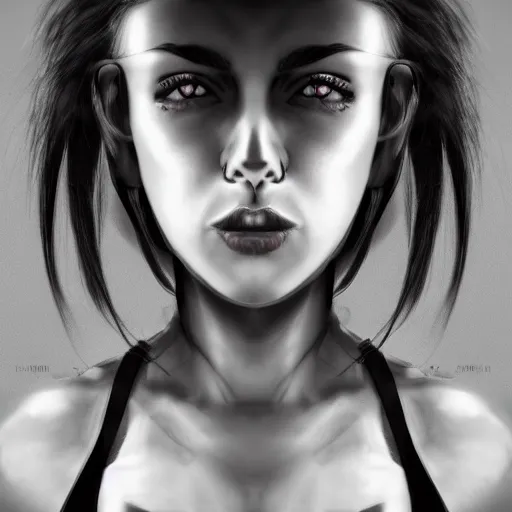 Prompt: Hot young woman, grey skinned, void eyeballs, white hair, tattoos, wearing leather jacket and wifebeater tank top, digital art, concept art, 4k,