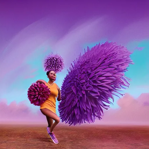 Image similar to portrait, giant purple dahlia flower head, woman running at orange beach, surreal photography, sunrise, blue sky, dramatic light, impressionist painting, digital painting, artstation, simon stalenhag