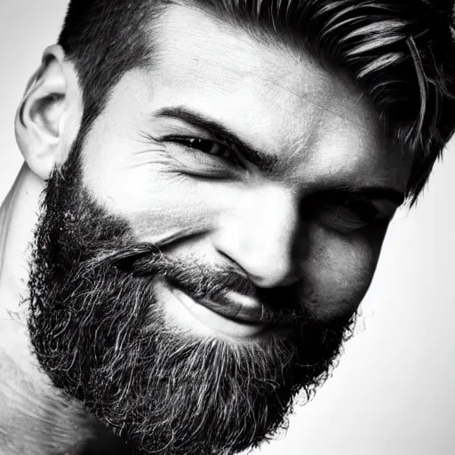 Image similar to Black and white photography of a very muscular man smiling with a chiseled jawline and trimmed beard