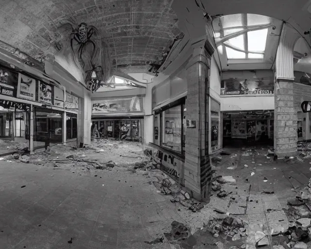 Image similar to camera footage of a Gigantic spider in an abandoned shopping mall, high exposure, dark, monochrome, camera, grainy, CCTV, security camera footage, timestamp, zoomed in, fish-eye lens, spiders, spider, spider, spider,