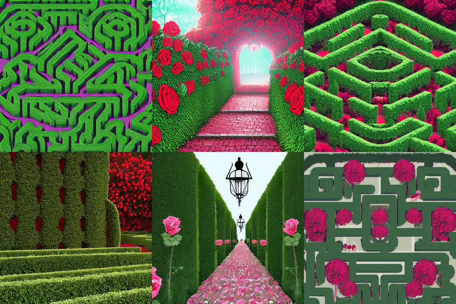 Prompt: A charming hedge maze dotted by rose bushes and intricately designed lampposts, digital art, trending on artstation