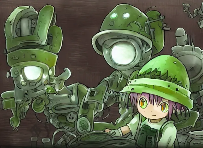 Image similar to robot made of vegetables, in made in abyss style