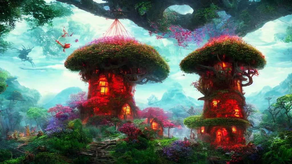 Image similar to fantasy red toadstool cottage suspended in the air, like in Avatar movie, foggy atmosphere, volumetric lighting, fantasy artwork, very beautiful scenery, very realistic, hd, hdr, cinematic 4k wallpaper, 8k, ultra detailed, high resolution