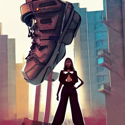 Image similar to a fashion model, creative, brown skin, digital art, photo manipulation, artstation, standing, cyberpunk, giant, street, duck shoes, up there, photoshop