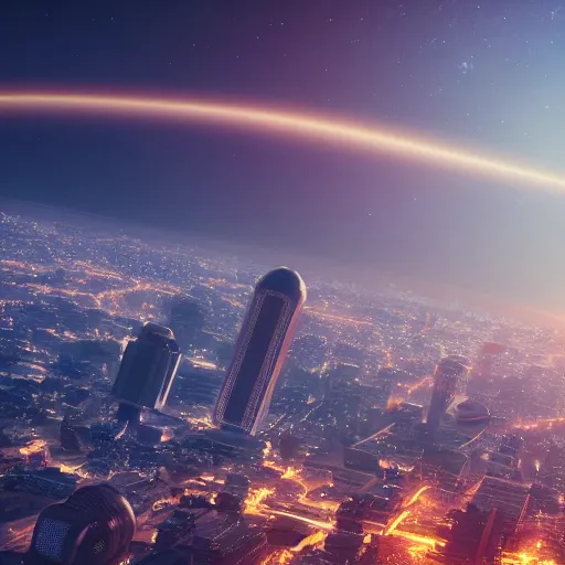 Image similar to gigantic city seen from spce with cinematic light, 8 k landscape render, space japan mech in the space