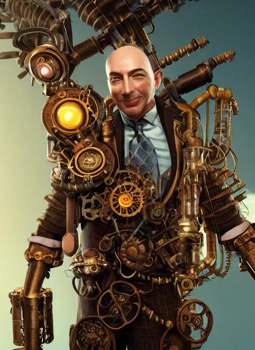 Prompt: steampunk bioshock jeff bezos is a muscular bodybuilder, au naturel, hyper detailed, digital art, trending in artstation, cinematic lighting, studio quality, smooth render, unreal engine 5 rendered, octane rendered, art style by klimt and nixeu and ian sprigger and wlop and krenz cushart.