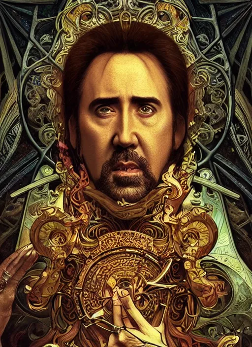 Prompt: Nicolas Cage as God of Hell, brutal, fantasy, intricate, elegant, highly detailed, digital painting, 4k, HDR, concept art, smooth, sharp focus, illustration, art by alphonse mucha,artgerm, H R Giger