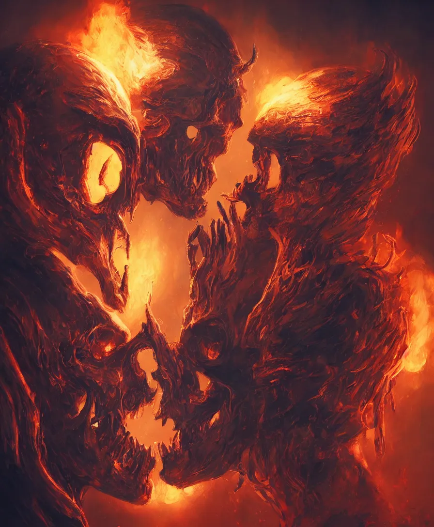 Prompt: portrait skull and devil talking to each other perfil on fire background, art by greg rutkowski, intricate, ultra detailed, photorealistic, vibrante colors, colorful, trending on artstation, 4 k, 8 k