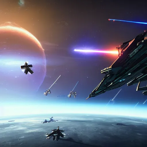 Image similar to epic space battle, star citizen render, nebula, laser beams, incredible detail