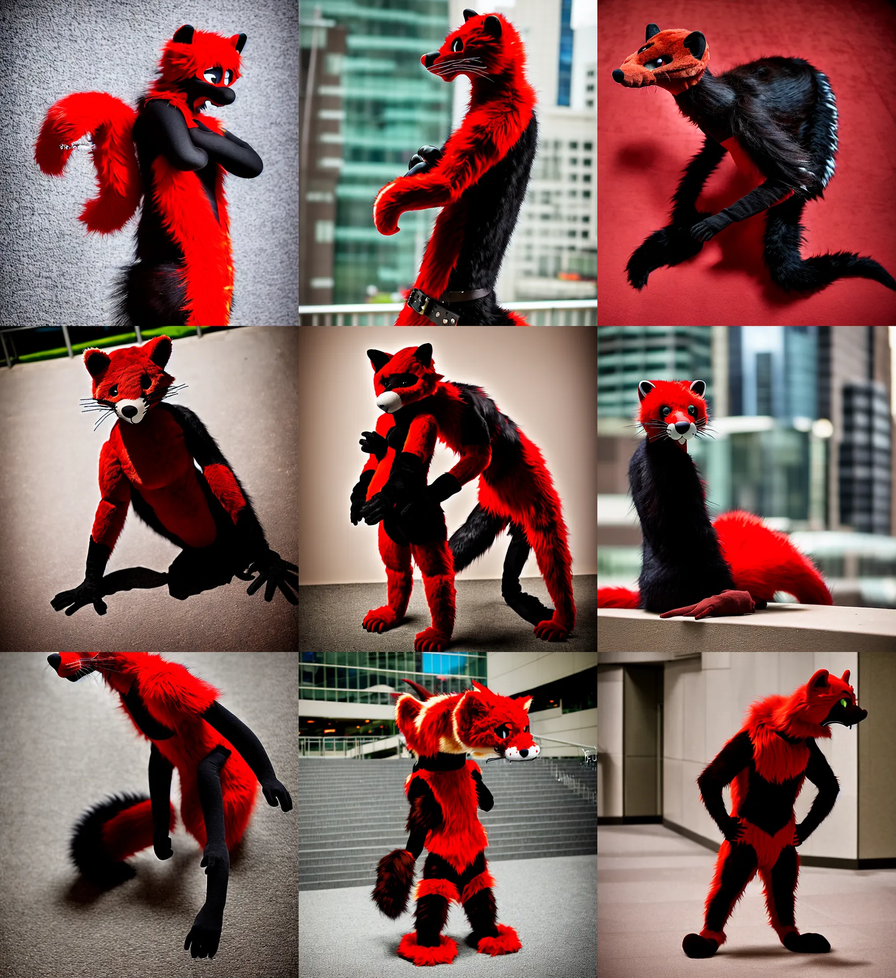 Image similar to fullbody photoshoot photo portrait of a roguish male red - black furred weasel furry fursuiter ( tail attached ), taken at anthrocon ( furry convention )