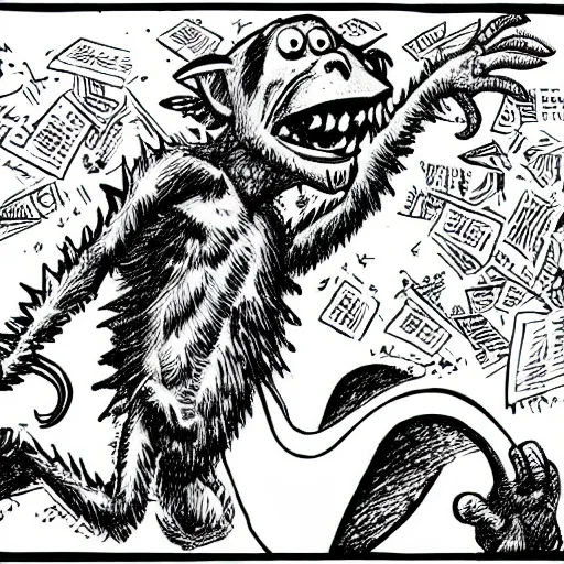 Prompt: a Pop Wonder scary horror themed goofy-hilarious-character-monkey-lizard, dime-store-comic drawn with charcoal and pen and ink, half-tone-line-stacking