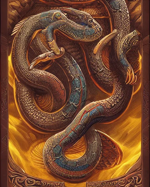 Prompt: digital painting of an aztec double headed serpent by filipe pagliuso and justin gerard, symmetric, fantasy, detailed, intricate, sharp focus, tarot card, gwent