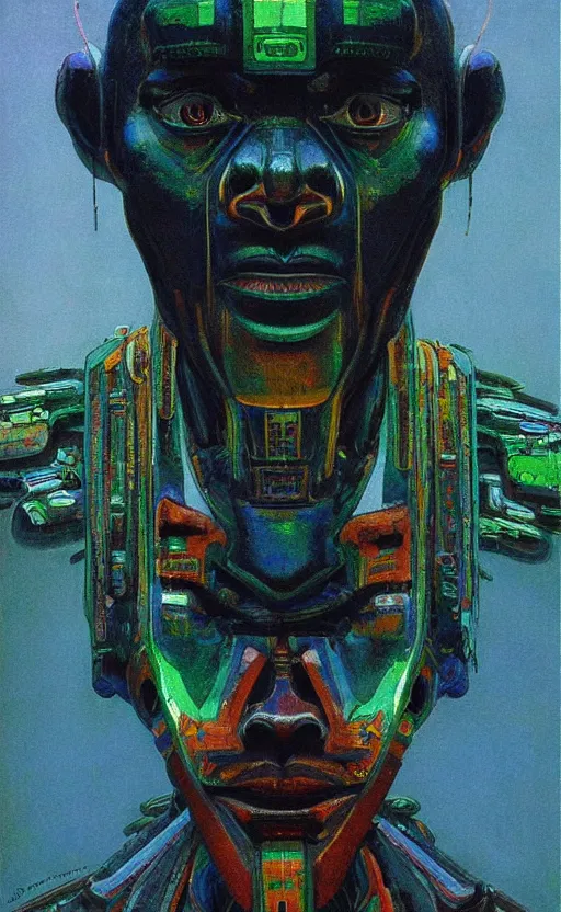 Image similar to portrait of mecha african tribal chief, symmetrical, dramatic lighting, colourful, art by zdzislaw beksinski,