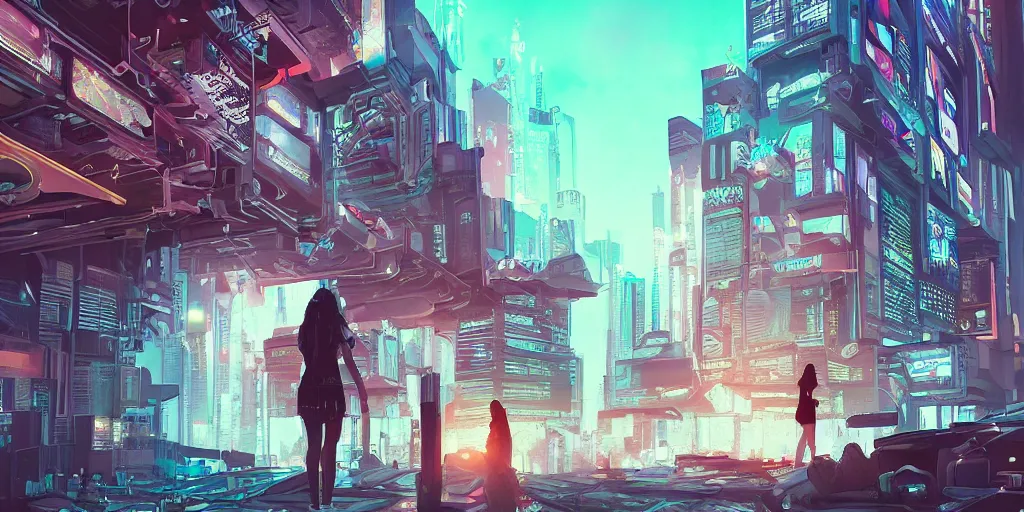 Prompt: girl creates something great, illustration, reality, cyberpunk, wide shot, light colors, highly detailed, sharp focus